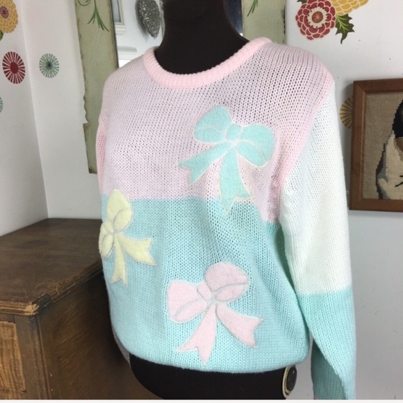 80s Pastel Sweater Fairy Kei Bows Oversized Kawaii - Picture 2 of 8